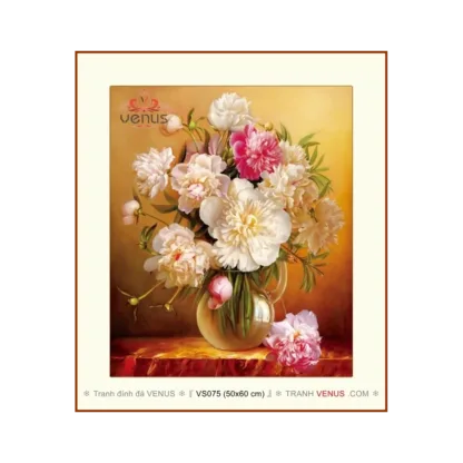 VS075 Tranh đính đá Bình Hoa kích thước rộng 0.5m + cao 0.6m (Chủ đề: Bình hoa, các loài hoa)