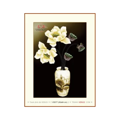 VS077 Tranh đính đá Bình Hoa Sen kích thước rộng 0.45m + cao 0.64m (Chủ đề: Bình hoa, hoa Sen, các loài hoa)