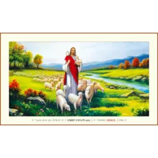 VS097 Tranh đính đá Chúa Chăn Cừu kích thước rộng 1.41m + cao 0.75m (Chủ đề: Chúa chăn Cừu, Chúa chăn Chiên, Thiên Chúa Giáo)