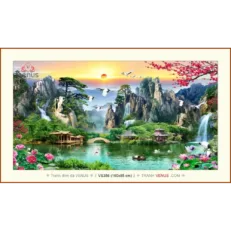 VS356 Tranh đính đá Thiên Nhiên Giao Hòa kích thước rộng 1.6m + cao 0.85m (Chủ đề: Thiên nhiên giao hòa, phong cảnh thác nước, phong cảnh, chim Hạc)