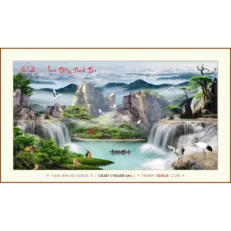 VS357 Tranh đính đá Lưu Thủy Sinh Tài kích thước rộng 1.6m + cao 0.85m (Chủ đề: Lưu Thủy Sinh Tài, phong cảnh thác nước, phong cảnh, chim Hạc)