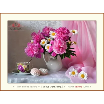 VS405 Tranh đính đá Bình Hoa Khoe Sắc kích thước rộng 0.75m + cao 0.53m (Chủ đề: Bình hoa, các loài hoa)